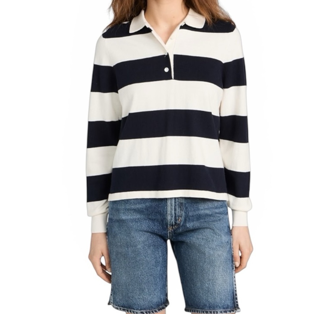 Wyeth Navy White Striped Knit Polo Sweater Cotton Cashmere Womens XS Preppy Top - Picture 4 of 9